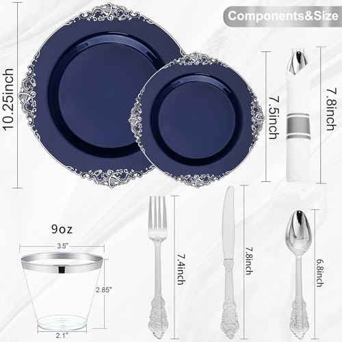 Hioasis 350pcs Blue and Silver Plates Set for 50 Guests