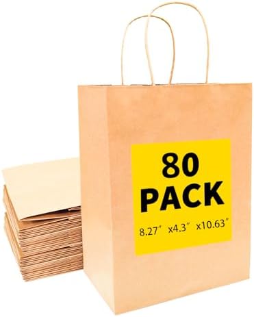 BAG BOX 80 Pack Brown Paper Bags with Handles