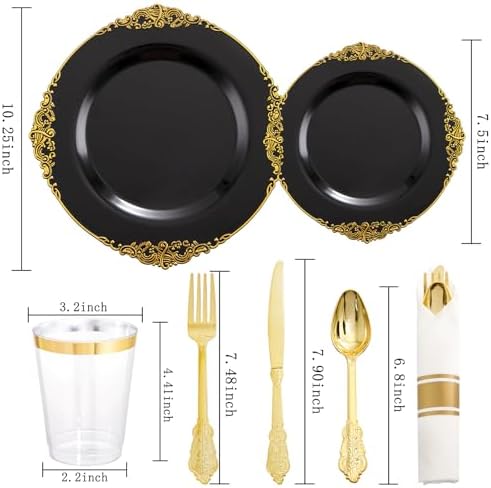Hioasis 350pcs Black and Gold Plastic Plates Set for 50 Guests