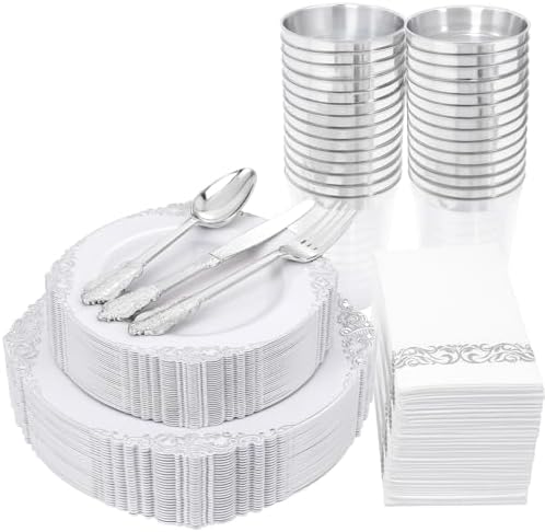 Nervure 175PCS Silver Plastic Plates for 25 Guests