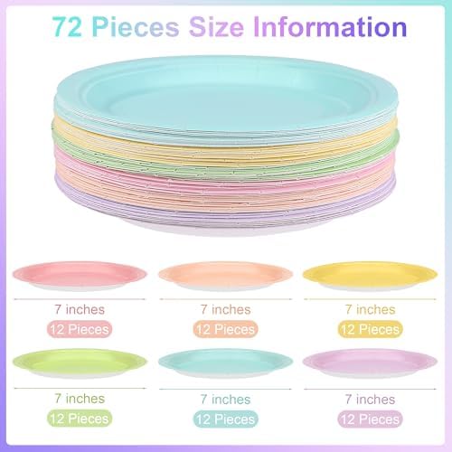 72 Pieces Pastel Rainbow Paper Plates 7 Inch Bulk Plates
