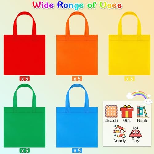Aneco 25 Pack Reusable Gift Bags Rainbow Tote with Handles