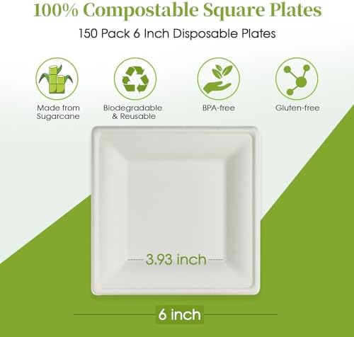 ECOLipak 150 Piece Compostable Square Plates 6 Inch