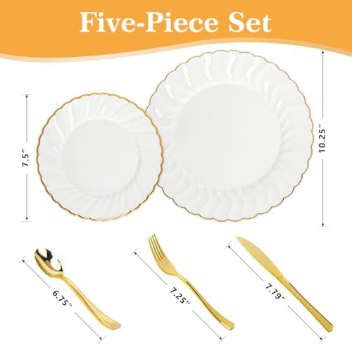 Lzerking 125 Pcs Ivory Scalloped Disposable Plates with Gold Rim Set