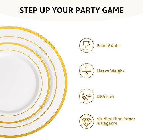 AOZITA 200 Pcs Gold Plastic Plates for Party