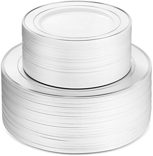100 Silver Plastic Plates Set for Party Wedding
