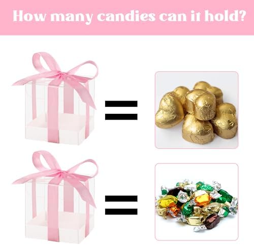Hxezoc 50 Pack Clear Candy Favor Boxes with Pink Ribbons 2x2x2 Inches