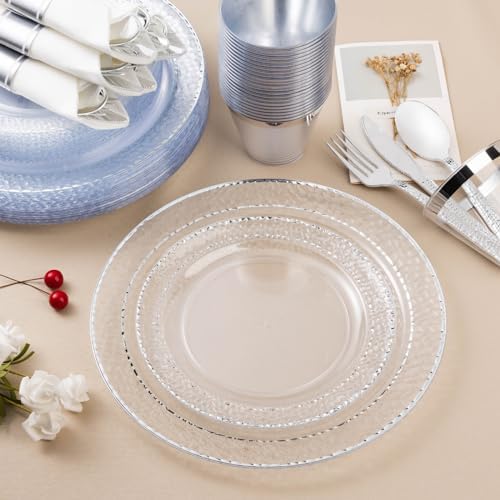350PCS Clear Plastic Plates with Silver Trim for 50 Guests