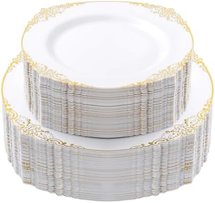 100 PCS White Gold Plastic Plates for 50 Guests