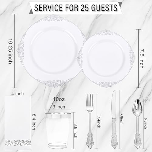 Nervure 175PCS Silver Plastic Plates for 25 Guests