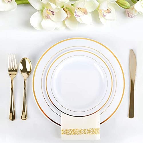 350 Piece Gold Dinnerware Set - 100 Plates 50 Silverware 50 Cups 50 Napkins
