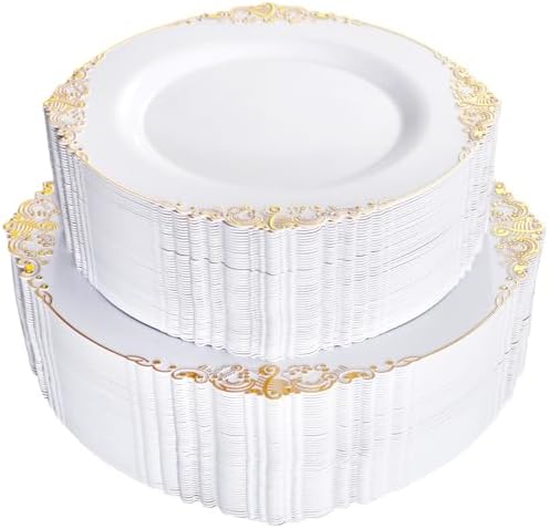 102PCS White and Gold Plastic Plates for Weddings Parties