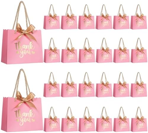 50 Pack Pink Mini Gift Bags with Handles and Bow