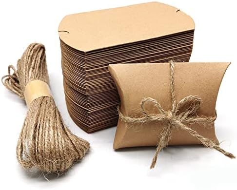 Kraft Paper Pillow Candy Box 60 Pcs with Jute Rope