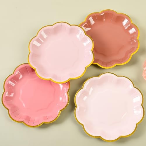 Dusty Pink Gradient Dessert Plates with Gold Foil Edges 7 Inch 48 Count