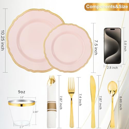 Hioasis 350pcs Pink Gold Plastic Plates Set