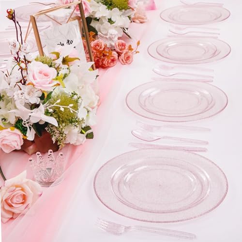 WDF 120 Pcs Pink Plastic Plates for Valentines Day Wedding
