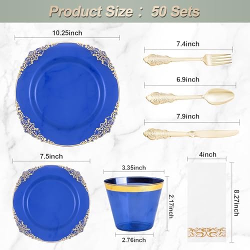 350PCS Clear Blue Plastic Plates with Gold Trim for 50 Guests