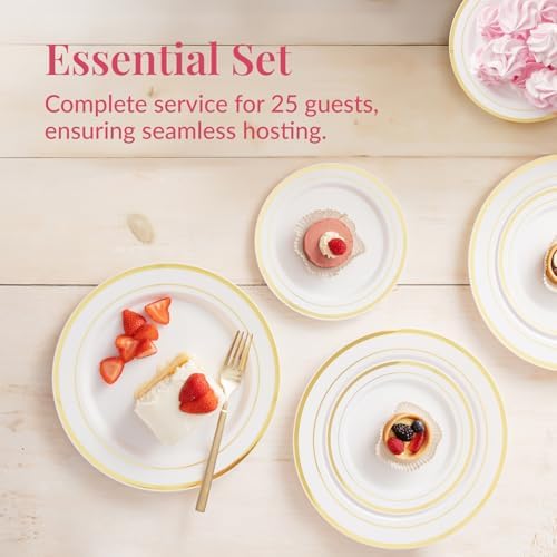 Prestee 50-Piece Gold Rimmed Plastic Plates Set