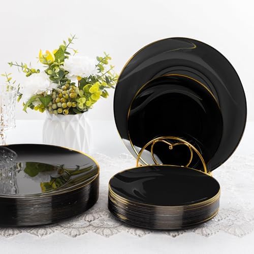 350 Pieces Black Gold Plastic Dinnerware Set for 50 Guests