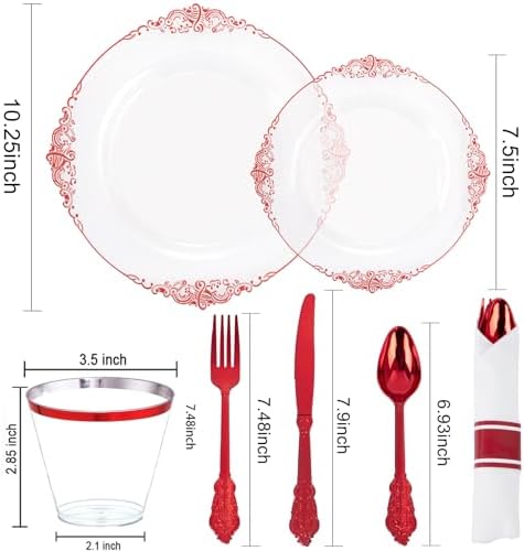 Hioasis 350pcs Clear Red Plates for 50 Guests