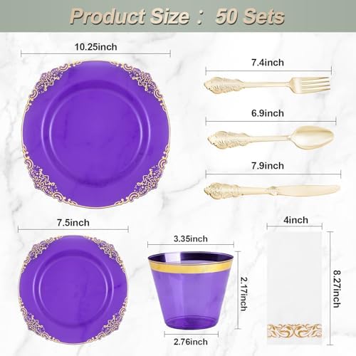 350PCS Clear Purple Plastic Plates with Gold Trim for 50 Guests