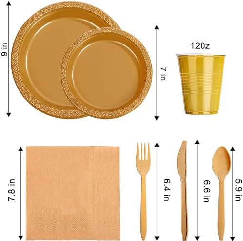 WELLIFE 210Pcs Gold Plastic Plates Dinnerware Set for Parties