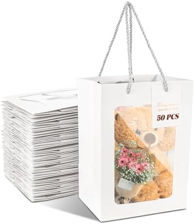 50PCS White Gift Bags with Handles and Clear Window