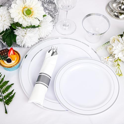 WELLIFE 700 Pcs Silver Plastic Plates Party Set