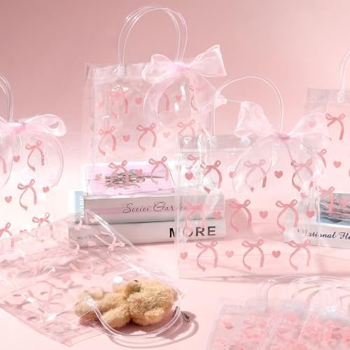 QOUBAI 24pcs Pink Bow Clear PVC Gift Bags with Handles