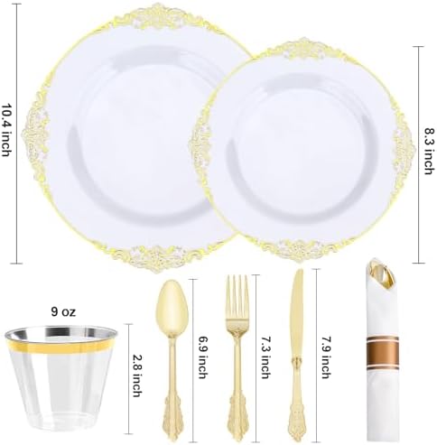 350 PCS White Gold Plastic Plates for 50 Guests