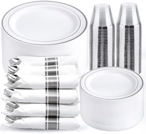WELLIFE 350Pcs Silver Plastic Plates for 50 Guests - Party Dinnerware Set