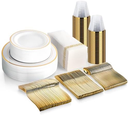 350 Piece Gold Dinnerware Set - 100 Plates 50 Silverware 50 Cups 50 Napkins