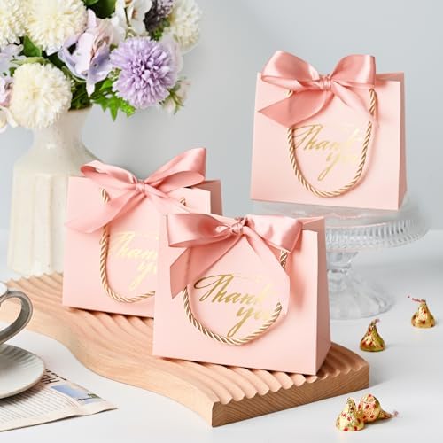 Mauproy 20 Pack Mini Pink Thank You Gift Bags with Handles and Ribbons