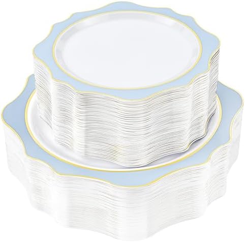 100 PCS White Blue Disposable Plates for 50 Guests Party Wedding Graduation