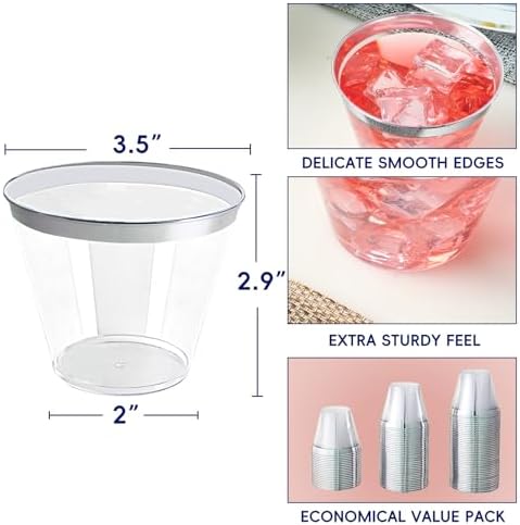 JOLLY CHEF 100 Pack Clear Plastic Cups with Silver Rim