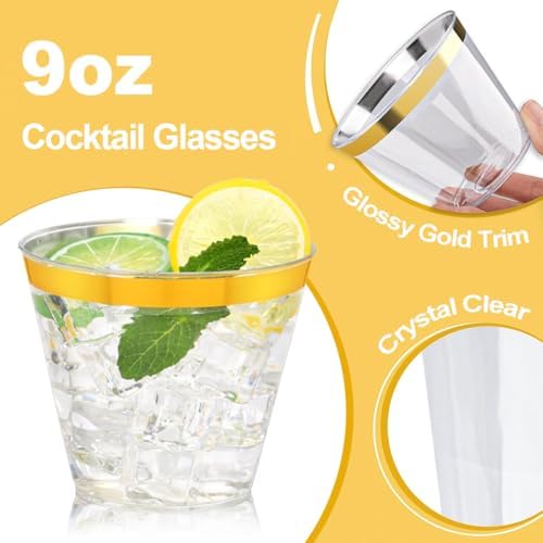 200 Pcs Gold Rim Clear Plastic Cups 9 Oz