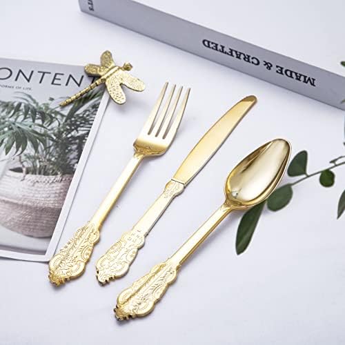 BUCLA 600 Pieces Gold Plastic Silverware Set