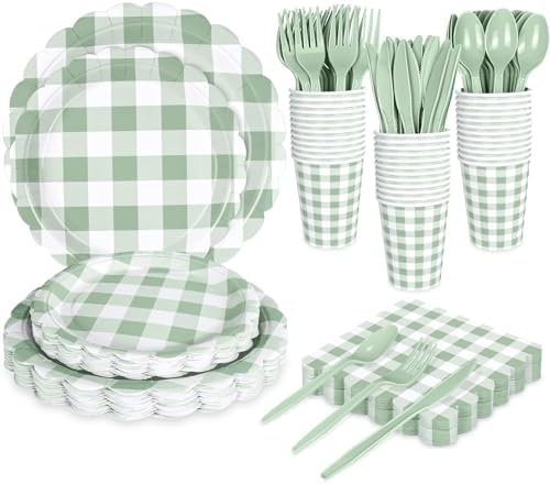 175 PCS Sage Green Gingham Plates Napkins Set for Party