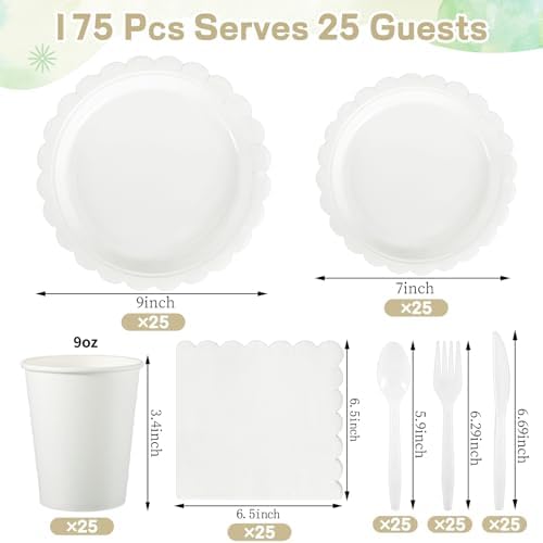175 Pcs White Party Supplies Set with Plates Cups Napkins Cutlery