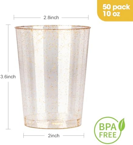 Goodluck 10 Oz 50 Pc Gold Glitter Plastic Cups for Parties