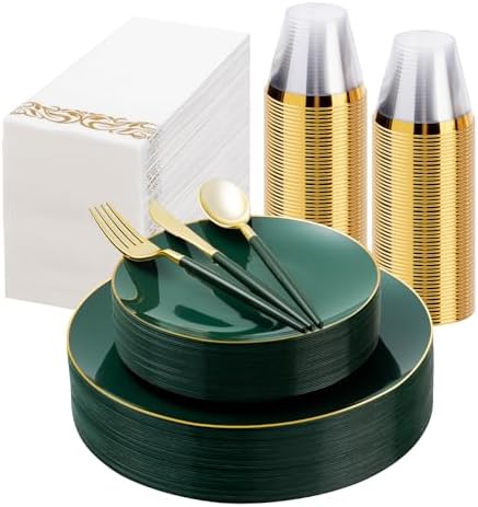 175 Piece Green Gold Plastic Dinnerware Set for Parties