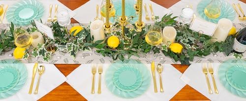 YOUBET 125PCS Clear Green Plastic Plates with Gold Rim