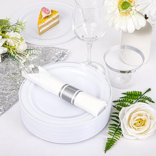 WELLIFE 700 Pcs Silver Plastic Plates Party Set