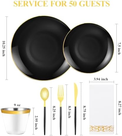 350 Pieces Black Gold Plastic Dinnerware Set for 50 Guests