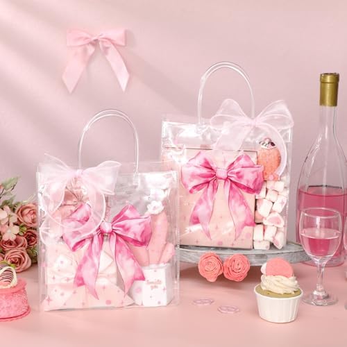 Wesnoy 24 Pcs Pink Bow Clear PVC Gift Bags with Handles