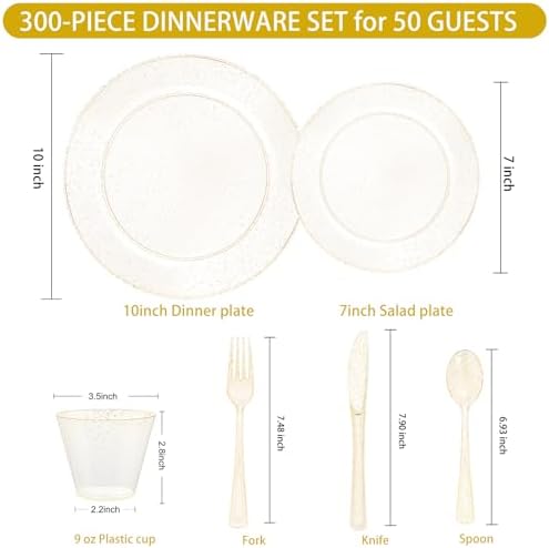WELLIFE 300 PCS Gold Glitter Dinnerware Set for 50 Guests