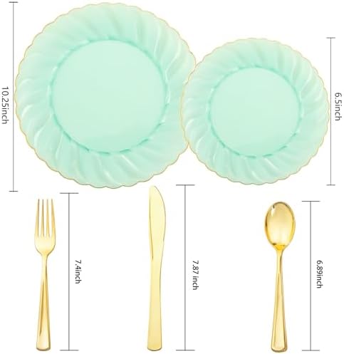 YOUBET 125PCS Clear Green Plastic Plates with Gold Rim
