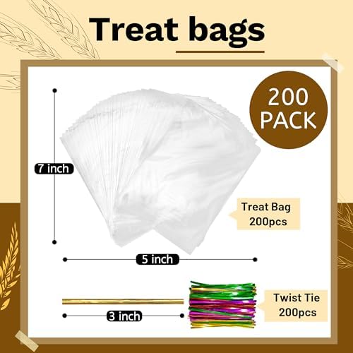 LOKQING Clear Cellophane Treat Bags 5x7in 200 Pack with Twist Ties