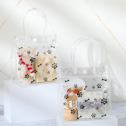 Kolldenn 24 Pack Clear PVC Dog Paw Gift Bags with Handle